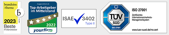 Logos ISO 27001, Top-Arbeitgeber, BrandEins, ISAE3402 | matrix technology